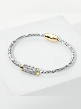 14K Gold Plated CZ Pave Bar Accent Twisted Cable Magnetic Bangle Bracelet